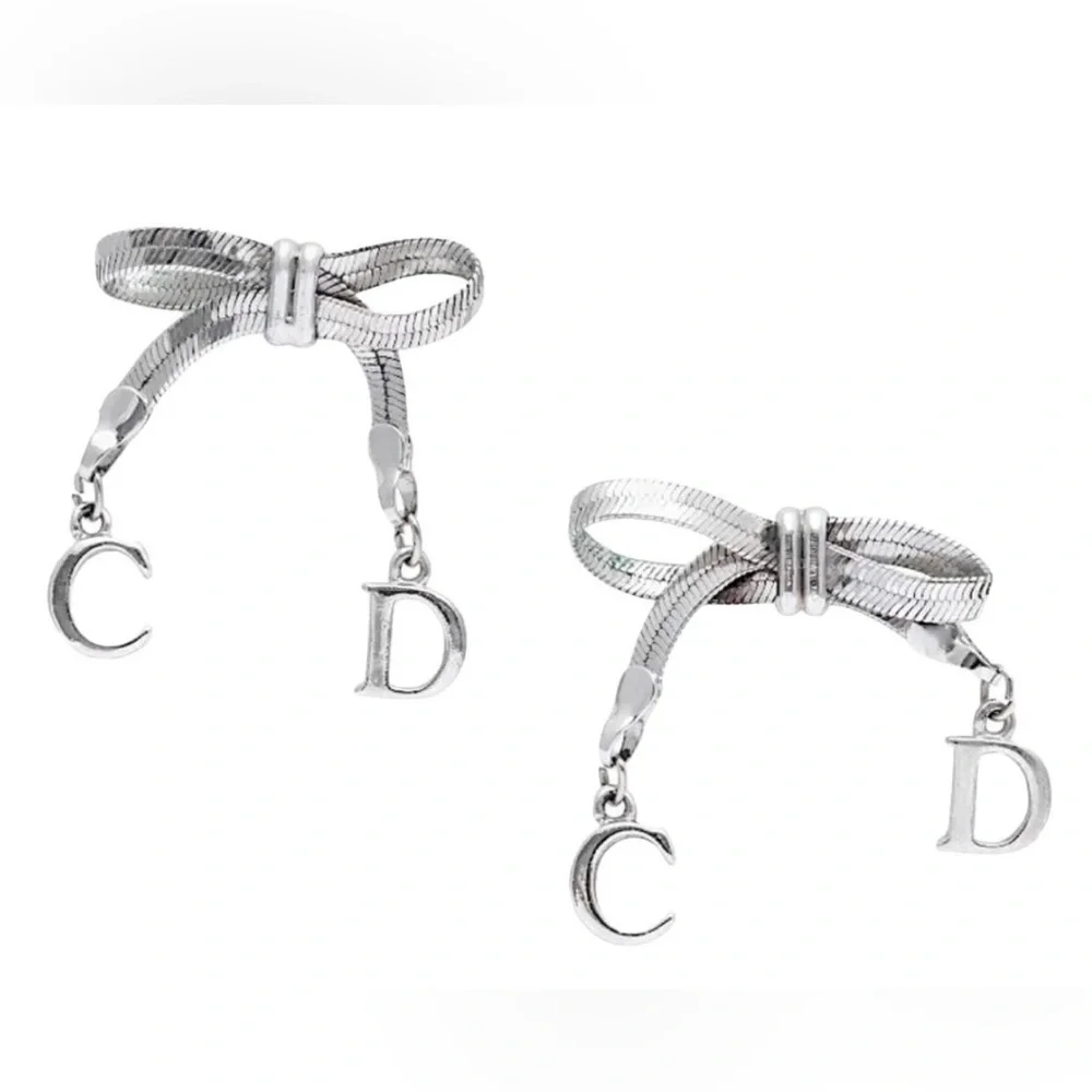 Christian Dior CD Silver Bow Dangle Monogram Earrings RARE! - Picture 1 of 8
